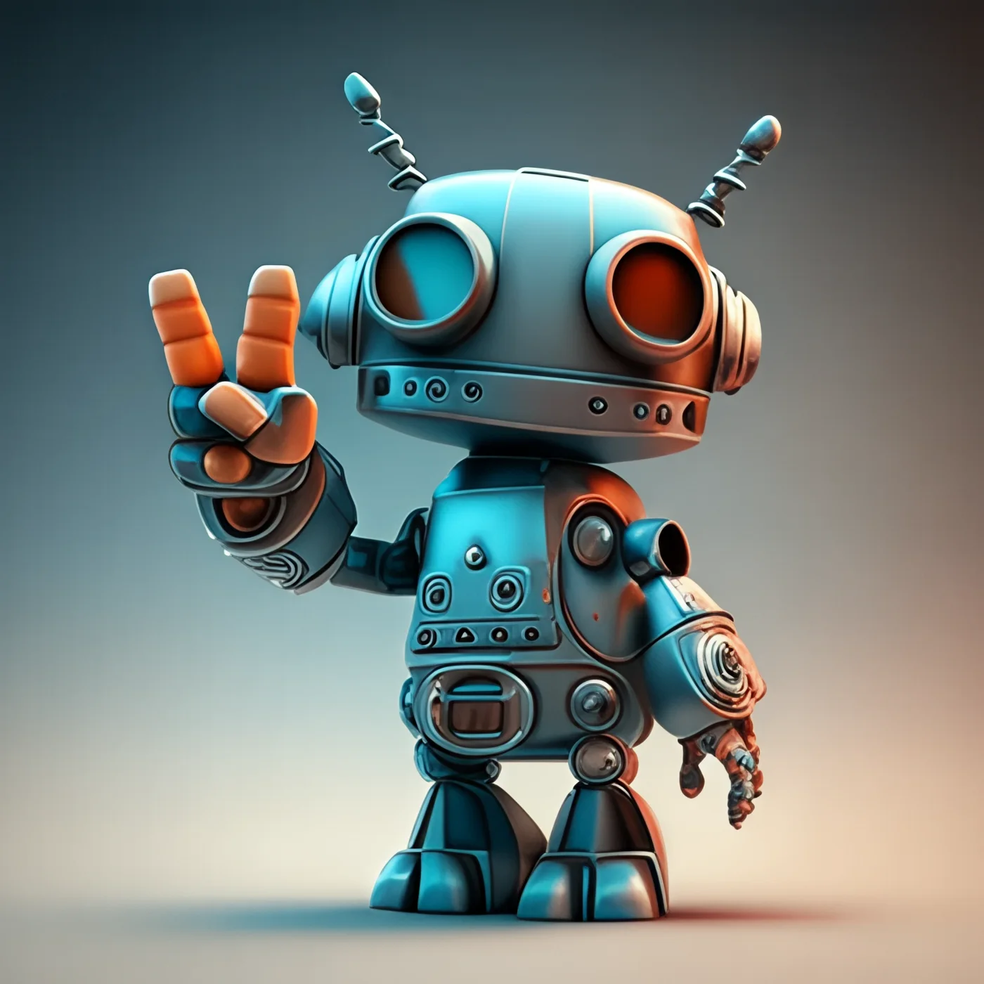 Ollie, the teal and orange SummerSafe robot, making a peace sign